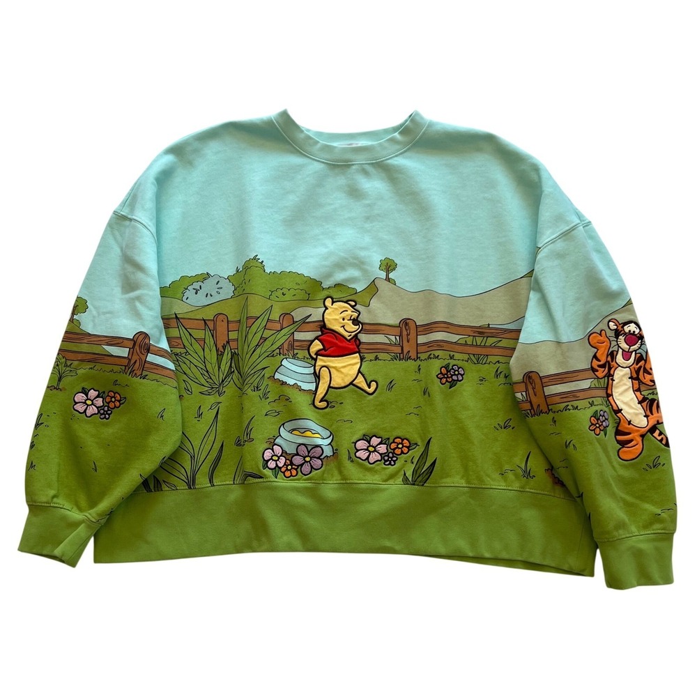 Disney Green Aqua Winnie the Pooh & Friends Embroidered Sweatshirt Size XL